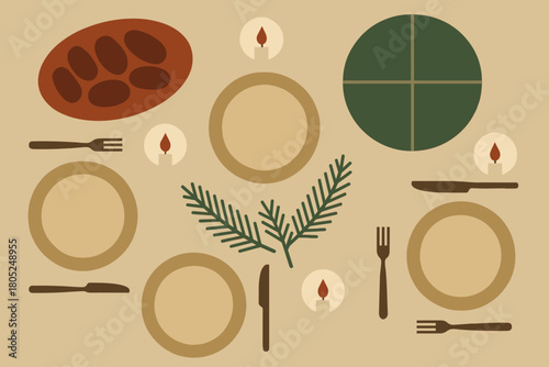 Festive Minimalist Table. Holiday table flat lay minimalist flat illustration of a festive table viewed from
