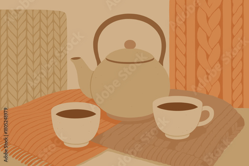 Retro Tea Ceremony. Cozy tea ceremony minimalist flat illustration of a teapot and cups surrounded by knitted