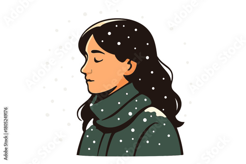 Winter Serenity Portrait. Winter calm portrait. Soft snow settles on shoulders as warm light outlines the face