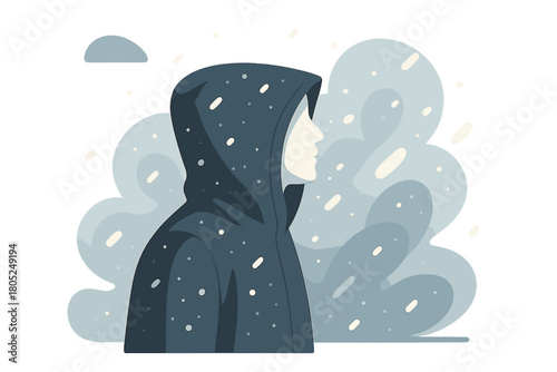 Snowfall Portrait Tranquility. Quiet snowfall portrait. A hooded figure looks at drifting flakes, illuminated