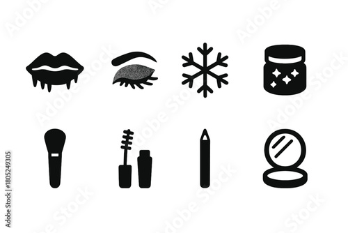 Frosty Makeup Icons. Frosty makeup elements. Filled icon set of Frosty makeup elements: frosted lips, icy eye