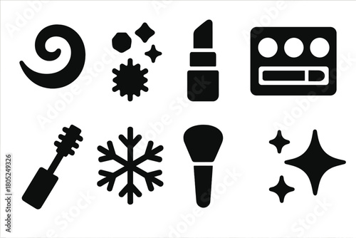 Frozen Glam Icon Set. Frozen glam theme. Filled icon set of Frozen glam theme: frost swirl, glitter, lipstick,
