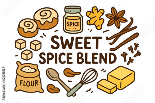 Sweet Spice Ingredients. Sweet spice blend. Hand-drawn doodle illustration of Sweet spice blend. cinnamon