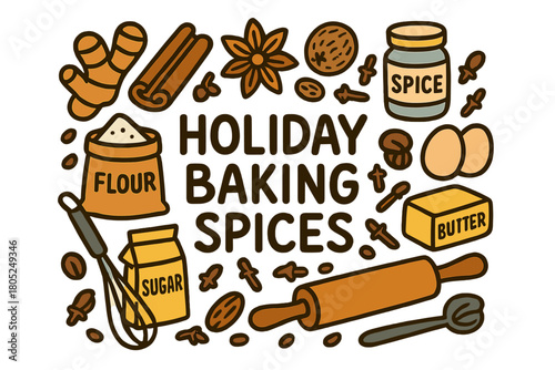 Holiday Spice Doodles. Holiday baking spices. Hand-drawn doodle illustration of Holiday baking spices. ginger,