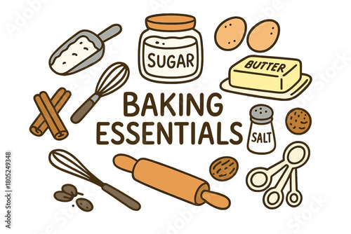 Baking Essentials Illustration. Baking essentials. Hand-drawn doodle illustration of Baking essentials. flour