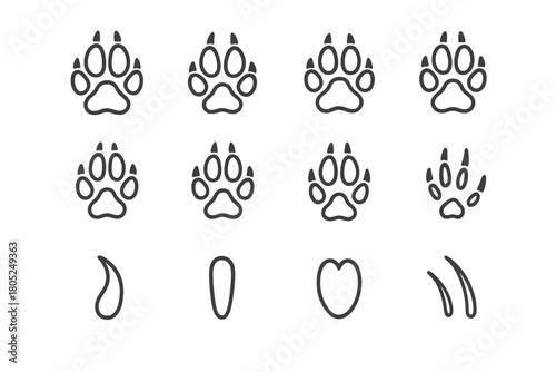 Predator Paw Icons. Predator tracks. Line outline icon set of Predator tracks: wolf paw, fox paw, lynx paw,