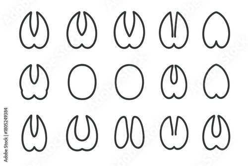 Hoof Prints Collection. Hoof prints. Line outline icon set of Hoof prints: deer hoof, moose hoof, elk hoof,
