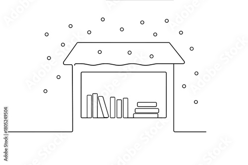 Minimalist Snowy Bookstore. Bookstore in falling snow. Minimalistic one-line drawing large display window with