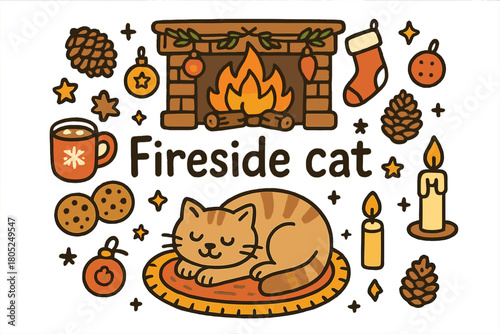 Fireside Cat Illustration. Fireside cat. Hand-drawn doodle illustration of Fireside cat. cuddled cat, glowing