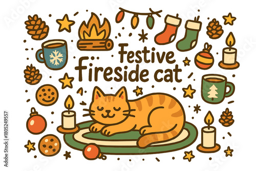 Festive Fireside Cat. Festive fireside cat. Hand-drawn doodle illustration of Festive fireside cat. relaxed