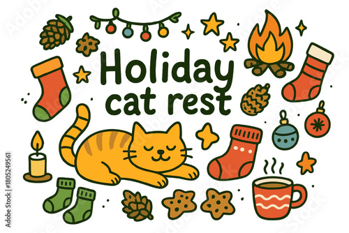 Holiday Cat Relaxation. Holiday cat rest. Hand-drawn doodle illustration of Holiday cat rest. relaxed cat,