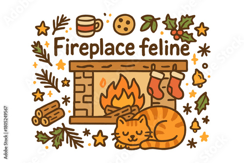 Cozy Fireplace Cat. Fireplace feline. Hand-drawn doodle illustration of Fireplace feline. curled cat, firewood