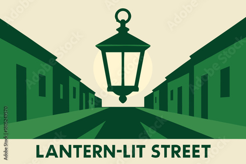 Geometric Lantern Street. Lantern-lit street at dusk. geometric sans heavy, flat fills, long angled shadows,