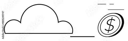 Cloud structure linked to a coin with a dollar sign emphasizes digital storage, wireless connectivity, and financial technology. Ideal for online payment, cloud services, fintech, e-commerce