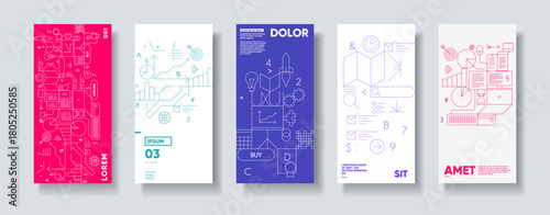 Business and marketing. A set of five modern, abstract posters featuring geometric shapes, graphs, and icons in vibrant colors. Each design incorporates elements like arrows, charts, and text 