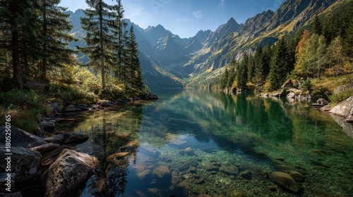 Fototapeta Naklejka Na Ścianę i Meble -  Pristine Morskie Oko lake reflects mountain peaks and lush forest in Tatra National Park