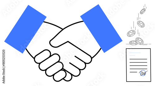 Handshake symbolizing agreement, falling coins representing transaction, and contract document. Ideal for business, partnership, trust, agreement, deal, collaboration investment simple flat