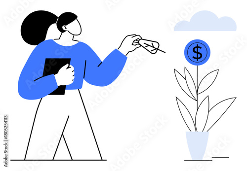 Woman holding tablet, nurturing a growing plant with dollar sign. Ideal for finance, investment, career growth, personal development, sustainability, business strategy entrepreneurship. Simple flat