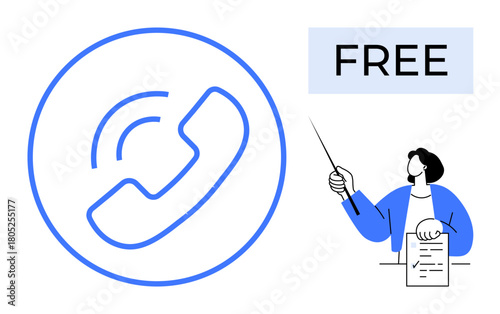 Phone call icon with sound waves, text reading FREE, person holding paper and pointing with a stick. Ideal for customer service, communication, teaching, support, tutorials, free offers simple flat