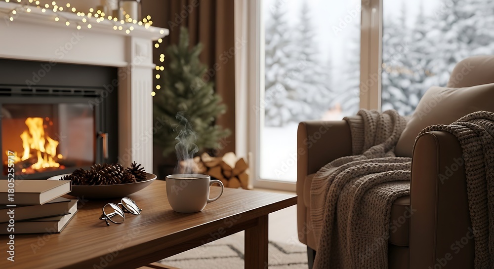 Naklejka premium Steaming mug on a coffee table in a cozy living room with a fireplace, winter window view, and Christmas decor for holiday and home comfort.