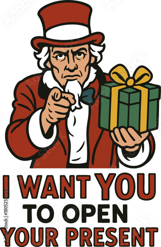 Cartoon Uncle Sam in a red coat holding a wrapped gift box, pointing at the viewer with a serious expression and top hat