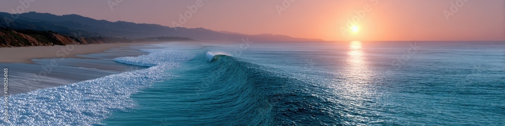 Fototapeta premium landscape photography, chic, minimalistic banner with a california beach sunrise, distant surfers and waves, pastel colors, and fine mist ideal for a premium tourism website header, exuding a serene