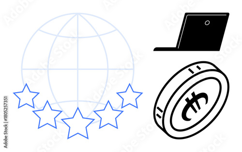 Globe with stars symbolizing worldwide recognition, a laptop for technology, and a coin for cryptocurrency. Ideal for business, finance, digital currency, globalization, innovation, online platforms