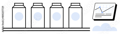 Milk cartons aligned on a conveyor belt, accompanied by a performance graph. Ideal for supply chain, production efficiency, data analysis, business growth, logistics, inventory, simple flat metaphor