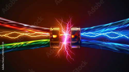 Two glowing network cables facing each other with bright electric sparks between them, representing fast data transmission and powerful digital connection.