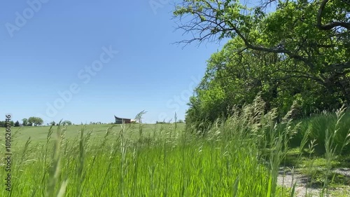 Homestead National Historical Park near Beatrice, Nebraska. Unit of National Park Service commemorates American Homestead Act. Site of first successfully claimed acres. Heritage Center across prairie.