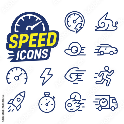 Dynamic collection of speed icons illustrating motion, energy, and fast action