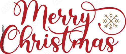 Fotografija Elegant red cursive text 'Merry Christmas' with a decorative snowflake replacing the dot over the 'i', set on a white background