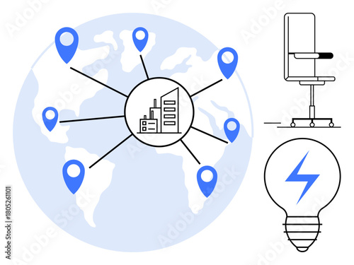 World map with location markers connecting to a central industrial hub, a modern office chair, and a glowing light bulb with a lightning bolt. Ideal for themes thumbs up global business, remote work