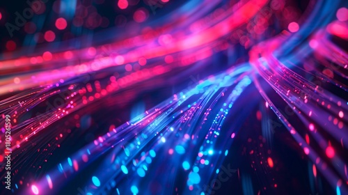 Vibrant pink and blue glowing fiber optic lines visualize rapid data transmission, innovation, and futuristic communication technology background.