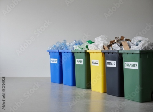 Organized row of five colorful recycling bins (blue plastics, green paper, yellow glass, black metals, dark green organics) filled with sorted waste against a clean gray studio background.