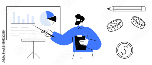 Business expert explaining financial metrics on a chart, holding a clipboard. Includes pie chart, graph, pencil, and money coins. Ideal for presentations, finance, analysis business growth
