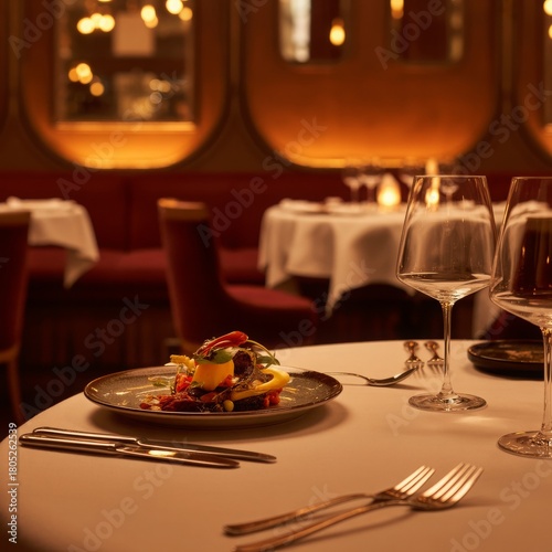Sophisticated restaurant interior with plated dish and warm lighting — perfect for luxury dining visuals.