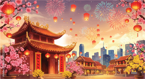 Celebrate Lunar New Year with vibrant lanterns and fireworks over a traditional village, perfect for cultural events and festive promotions worldwide