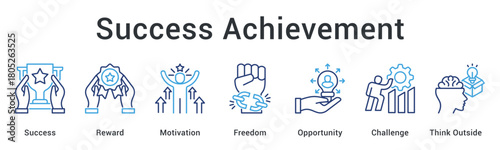 Success achievement celebrates reward and motivation with freedom to explore opportunity beyond challenges creatively.