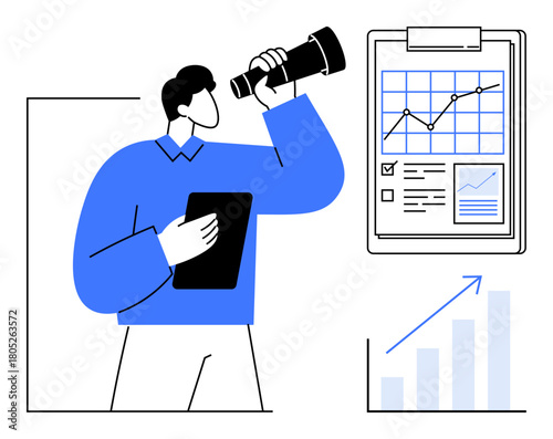 Person with telescope and tablet looking at chart with upward trend and graphs. Ideal for business strategy, analytics, growth, forecasting, leadership, vision, market research. Stylish flat metaphor