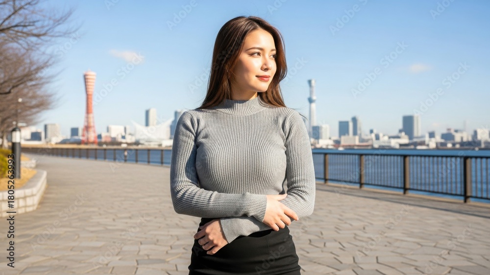 Fototapeta premium 港で腕を組み遠くを真剣な眼差しで見つめる女性