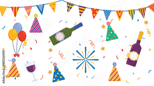 Festive Birthday Party Decor Clipart Collection – Balloons, Fireworks, Ribbons & Party Icons
