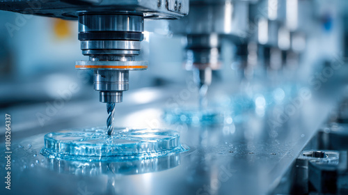Industrial cnc machine milling transparent plastic components in a highly automated manufacturing process with precision tooling and blue lighting effects