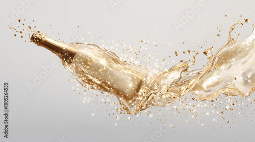 Sparkling champagne bottle splashing golden bubbles in celebration