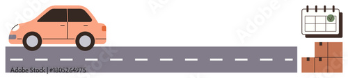 Compact orange car driving on a gray road towards stacked brown cargo boxes and a marked calendar. Ideal for delivery, logistics, organization, transportation, ecommerce, planning, scheduling. Simple