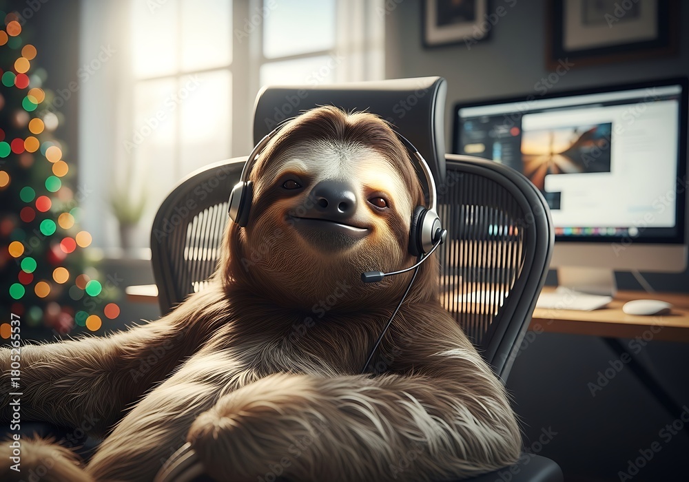 Fototapeta premium Relaxed sloth wearing headphones sitting in office chair with christmas tree and computer in background