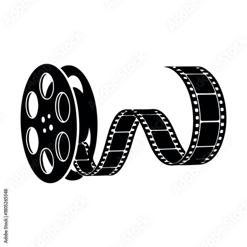 Black and white movie film reel icon isolated, cinema industry equipment, graphic vector