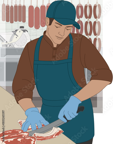 people food, male butcher cutting meat at the counter with the butcher shop in the background