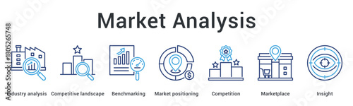 Market analysis banner web icon examines industry and competitive landscape through benchmarking for positioning insights.