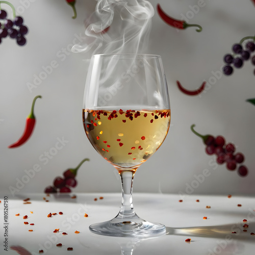 Close-up jalapeño-infused wine with pale amber tones, chili flakes floating, gentle steam rising, minimalist backdrop with subtle chili and grape motifs.
